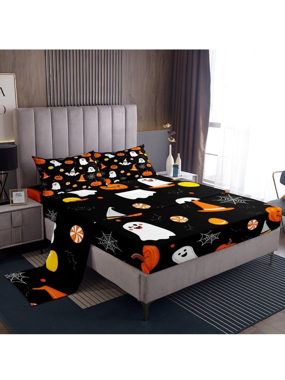Feelyou Twin Halloween Sheet Set Cute Spooky Ghost Pumpkin Witch Hat Cobweb NEW